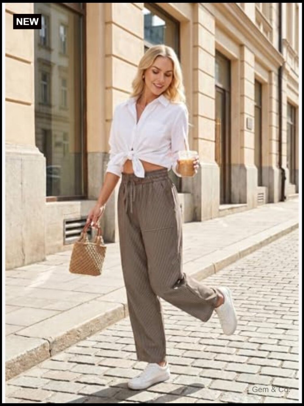 High Waisted Striped Barrel Casual Pants Drawstring Trousers - Picture 3 of 7